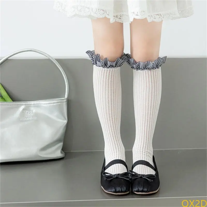 QX2D Stretchy Breathable Kids Socks Checkered Pattern Socks Lovely Trimmed