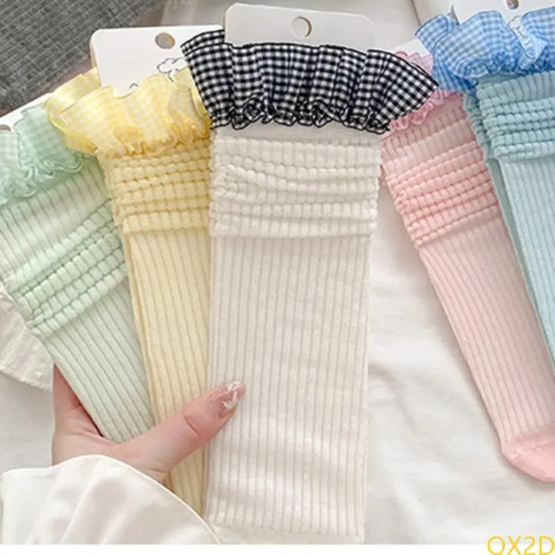 QX2D Stretchy Breathable Kids Socks Checkered Pattern Socks Lovely Trimmed