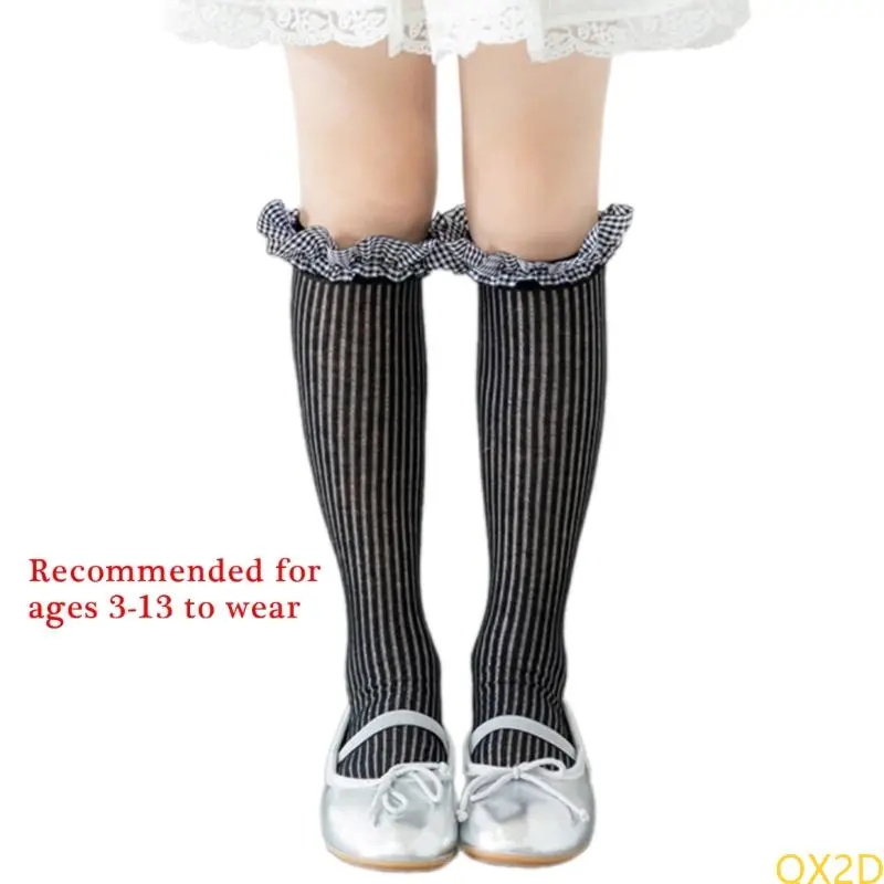 QX2D Stretchy Breathable Kids Socks Checkered Pattern Socks Lovely Trimmed