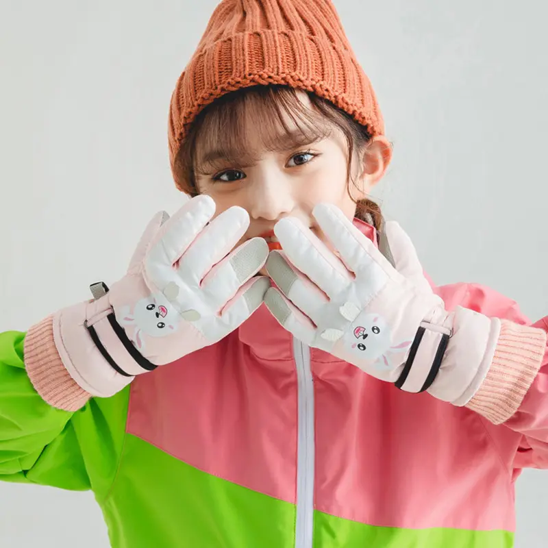 Winter Ski Gloves for Children Windproof Thickened Five-Finger Gloves Cartoon Printed Boys Girls Snow Warm Accessories 4-12Years