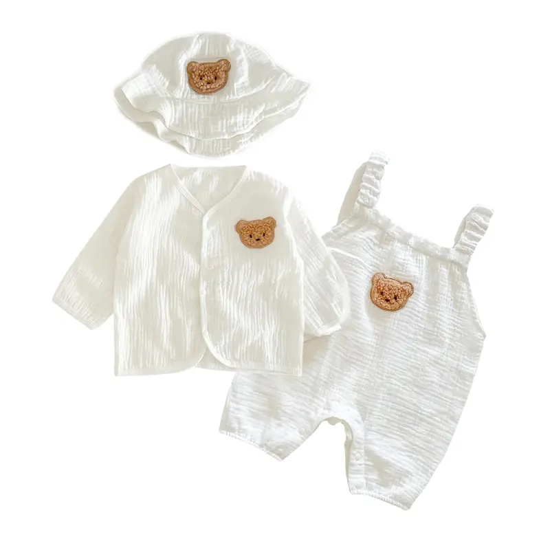 Summer Baby Muslin Clothing Set Cartoon Bear Infant Romper Hat Coat Soft Cotton Breathable Jumpsuit for Boys Girls 0-3 Years Old