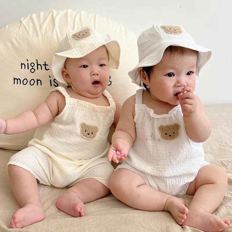 Summer Baby Muslin Clothing Set Cartoon Bear Infant Romper Hat Coat Soft Cotton Breathable Jumpsuit for Boys Girls 0-3 Years Old