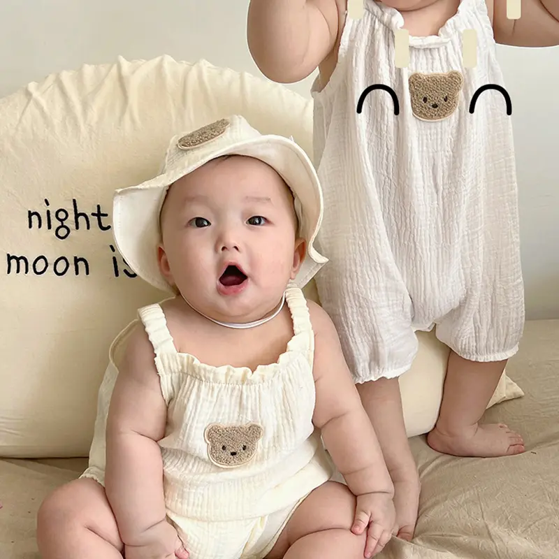 Summer Baby Muslin Clothing Set Cartoon Bear Infant Romper Hat Coat Soft Cotton Breathable Jumpsuit for Boys Girls 0-3 Years Old