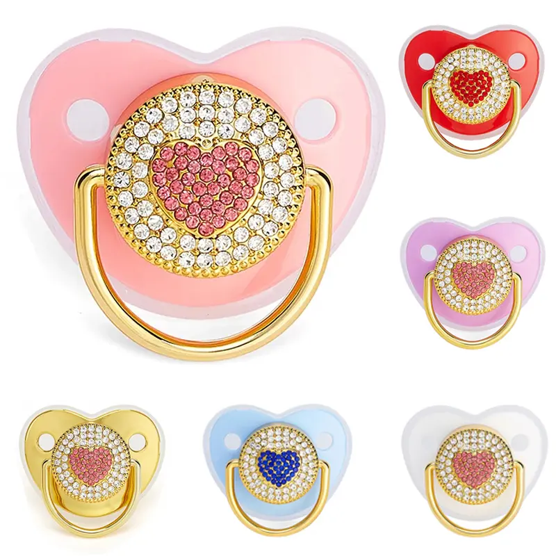Baby Pacifiers with Lid Bling Heart Rhinestone Luxury Pacifier Infant Soother Teether Silicone Dummy Nipple Newborn Shower