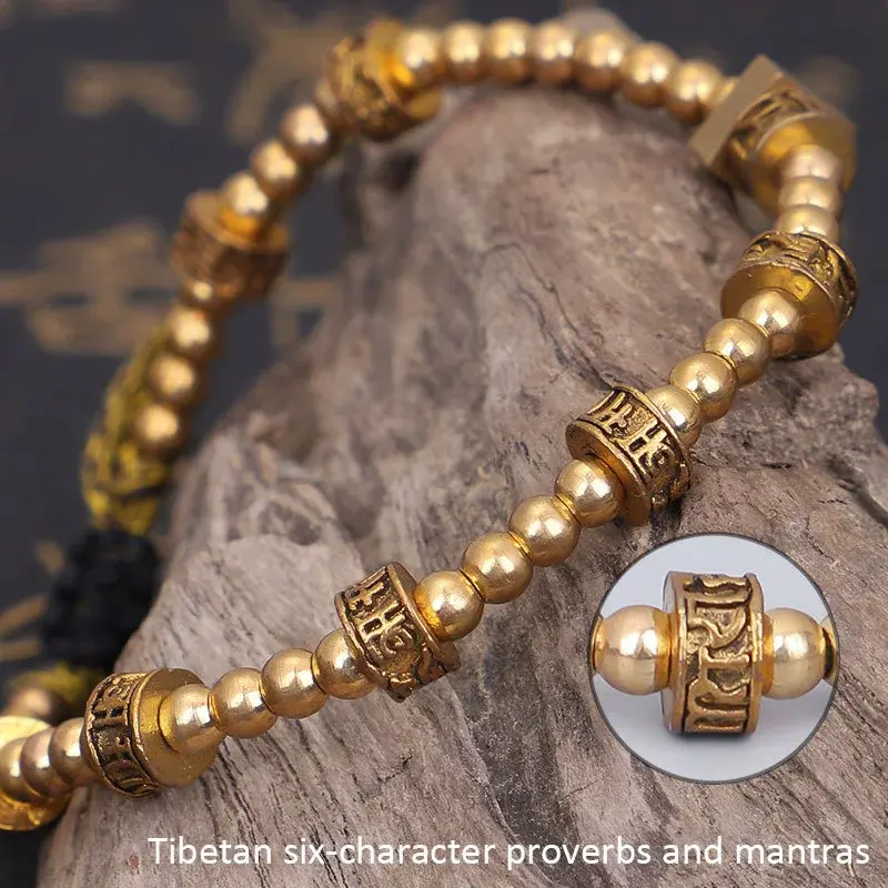Tibetan Six Character Proverbs Bracelet for Men Women Woven Handmade Copper Bead Bracelets Vintage Jewelry Accessory Mascot Gift