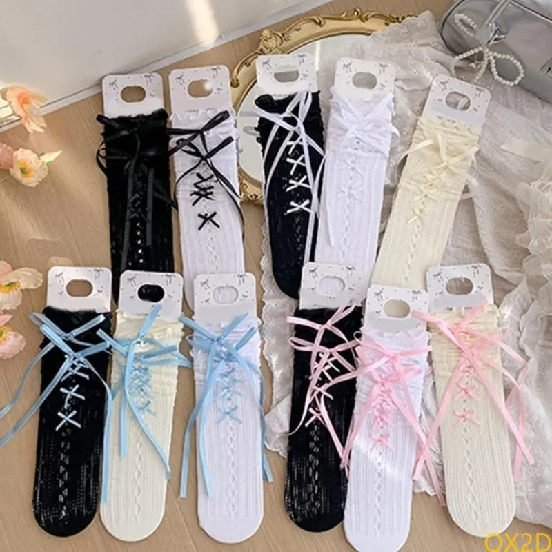 Sweet Middle Calf Socks for Kids with Lace and Bowknot Design Soft and Breathable Nylon In Tube Socks