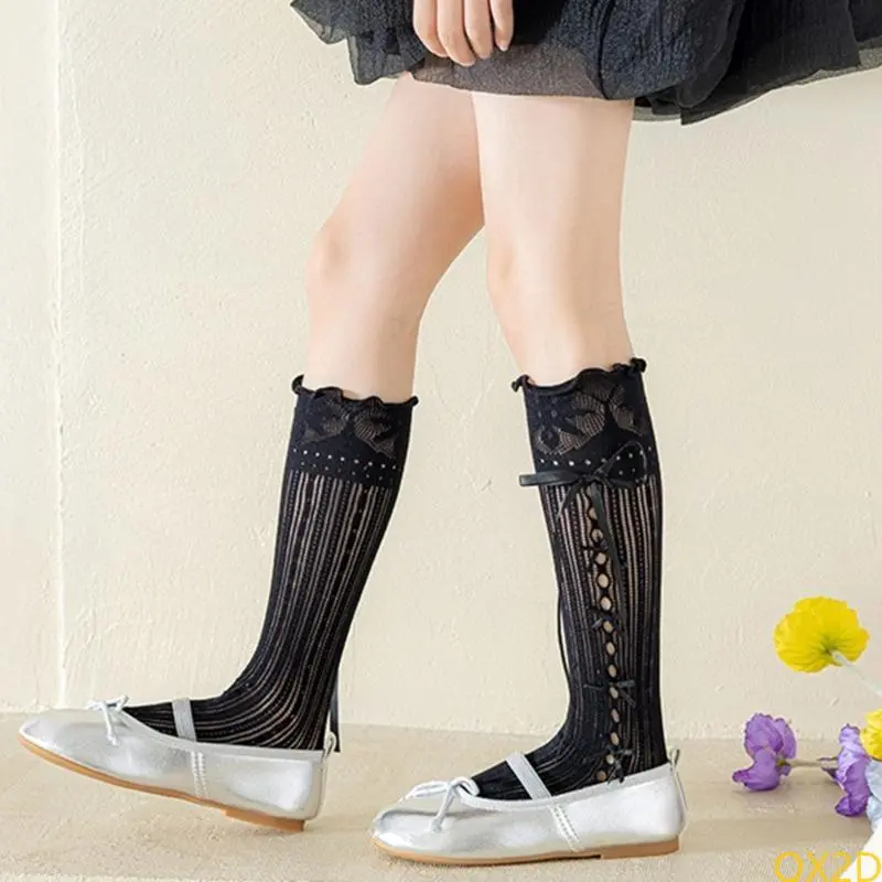 Sweet Middle Calf Socks for Kids with Lace and Bowknot Design Soft and Breathable Nylon In Tube Socks