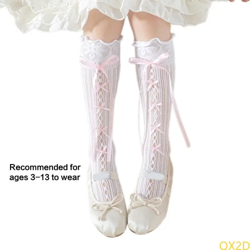 Sweet Middle Calf Socks for Kids with Lace and Bowknot Design Soft and Breathable Nylon In Tube Socks