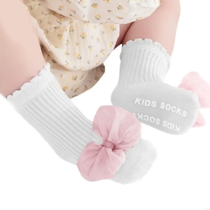 Girls Cotton Socks with Lace Bowknot Designs & Not Slip Feature Toddler Safety Socks Indoor Play Socks for Ages 1 to 5