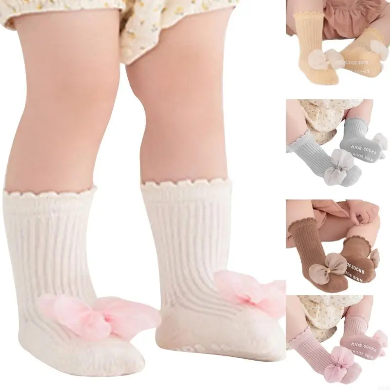 Girls Cotton Socks with Lace Bowknot Designs & Not Slip Feature Toddler Safety Socks Indoor Play Socks for Ages 1 to 5