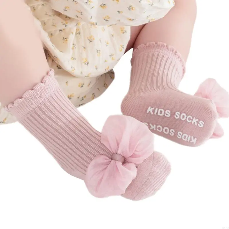 Girls Cotton Socks with Lace Bowknot Designs & Not Slip Feature Toddler Safety Socks Indoor Play Socks for Ages 1 to 5