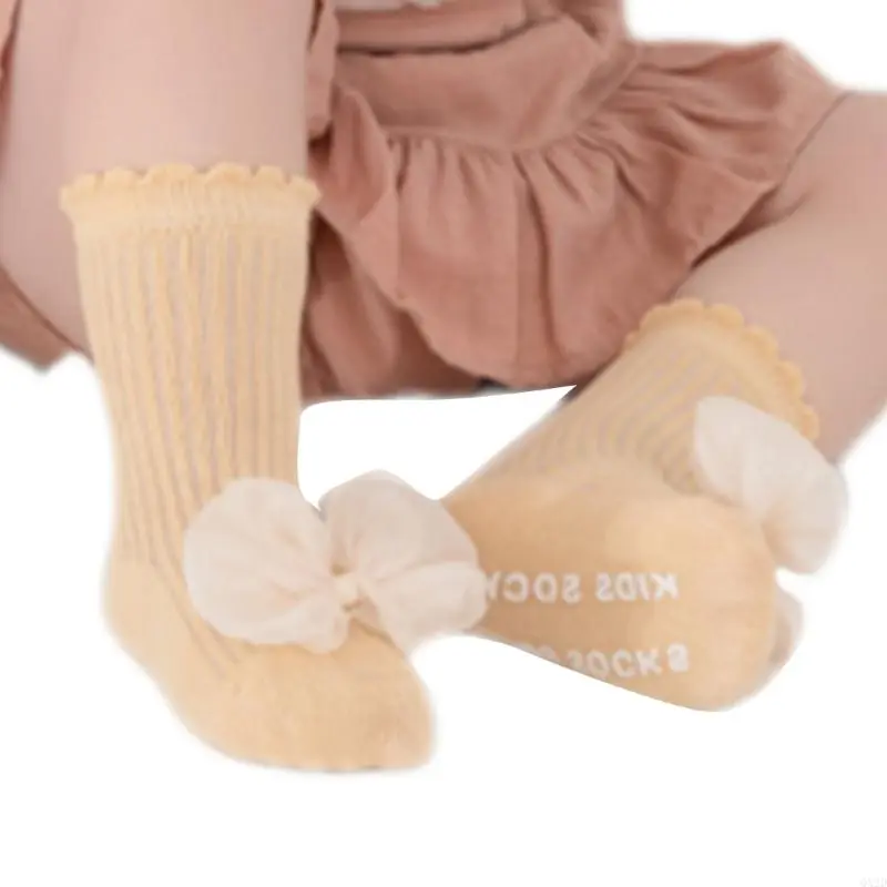 Girls Cotton Socks with Lace Bowknot Designs & Not Slip Feature Toddler Safety Socks Indoor Play Socks for Ages 1 to 5