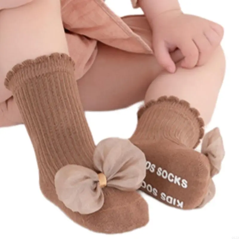 Girls Cotton Socks with Lace Bowknot Designs & Not Slip Feature Toddler Safety Socks Indoor Play Socks for Ages 1 to 5