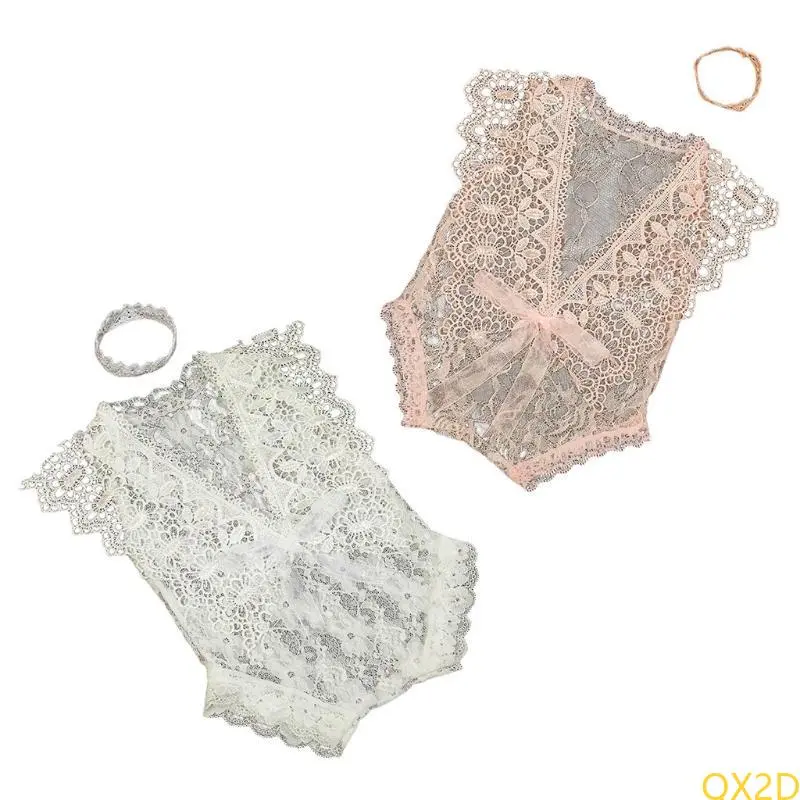2 Pcs/Set 0-1Month Newborn Photography Props Baby Crown Headband Lace Hollow out Romper Bodysuits Outfit Costume
