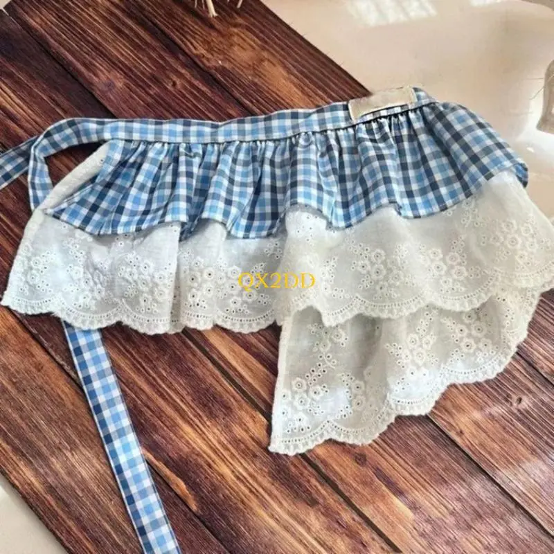 QX2D Childrens Blue Gingham Cake Skirt Breathable Cotton Lace Accent  For Daily Wear