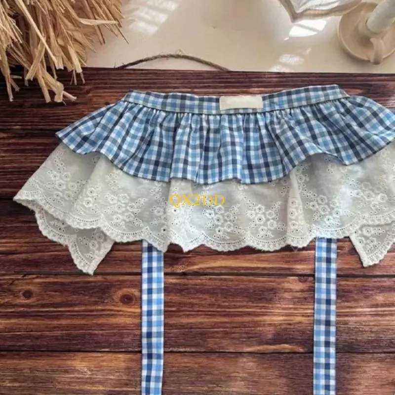 QX2D Childrens Blue Gingham Cake Skirt Breathable Cotton Lace Accent  For Daily Wear