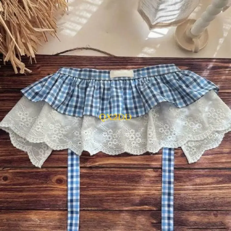 QX2D Childrens Blue Gingham Cake Skirt Breathable Cotton Lace Accent  For Daily Wear