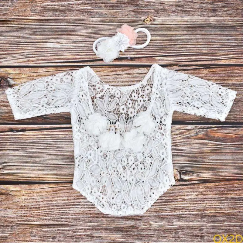 Baby Flower Pearl Headband Lace Romper Set Infants Flower Hair Band Headdress Long Sleeve Jumpsuit Bodysuit Outfits