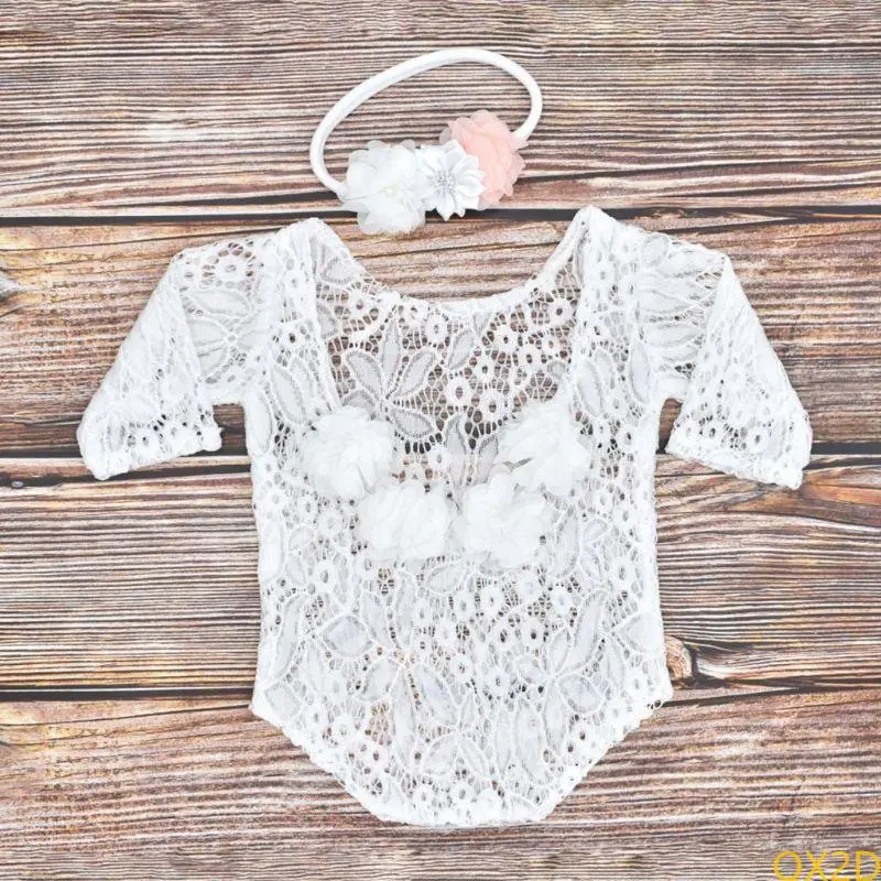 Baby Flower Pearl Headband Lace Romper Set Infants Flower Hair Band Headdress Long Sleeve Jumpsuit Bodysuit Outfits