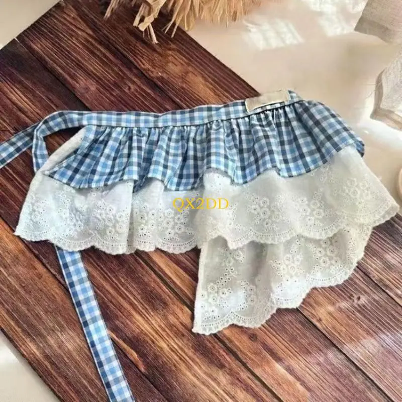 QX2D Childrens Blue Gingham Cake Skirt Breathable Cotton Lace Accent  For Daily Wear