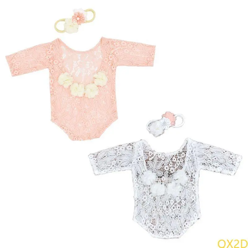 Baby Flower Pearl Headband Lace Romper Set Infants Flower Hair Band Headdress Long Sleeve Jumpsuit Bodysuit Outfits