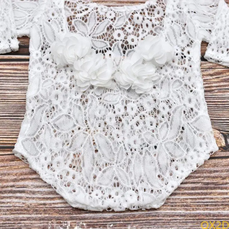 Baby Flower Pearl Headband Lace Romper Set Infants Flower Hair Band Headdress Long Sleeve Jumpsuit Bodysuit Outfits