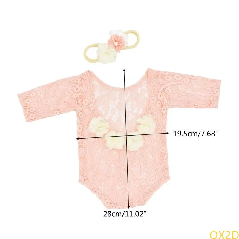 Baby Flower Pearl Headband Lace Romper Set Infants Flower Hair Band Headdress Long Sleeve Jumpsuit Bodysuit Outfits