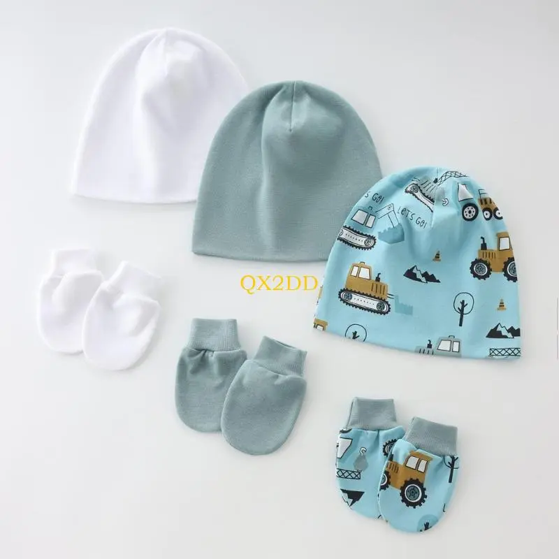 QX2D 2Pcs/set Baby Hat Newborns Headwear Hospital Hat Solid/Printed Pattern with Matching Anti-scratch Gloves for Daily