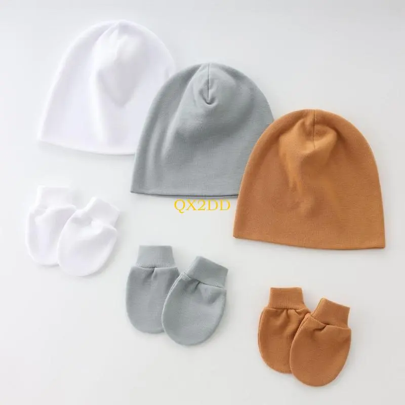 QX2D 2025 Baby Bonnet Caps Newborns Fetal Hat Fashionable Brimless Hat Trendy Headgear with Soft Anti-grab Mittens Gloves