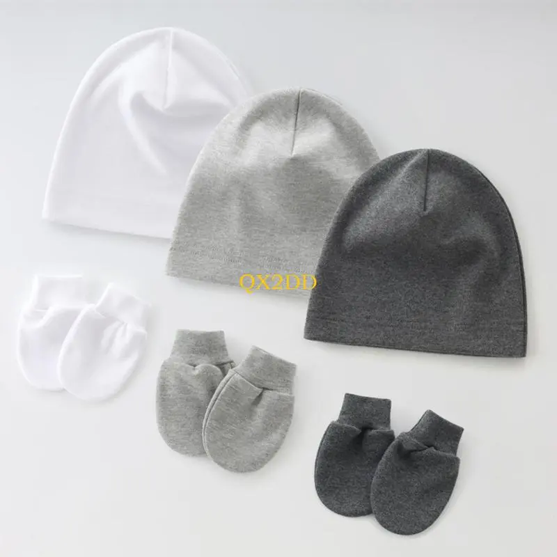 QX2D 2Pcs/set Baby Hat Newborns Headwear Hospital Hat Solid/Printed Pattern with Matching Anti-scratch Gloves for Daily