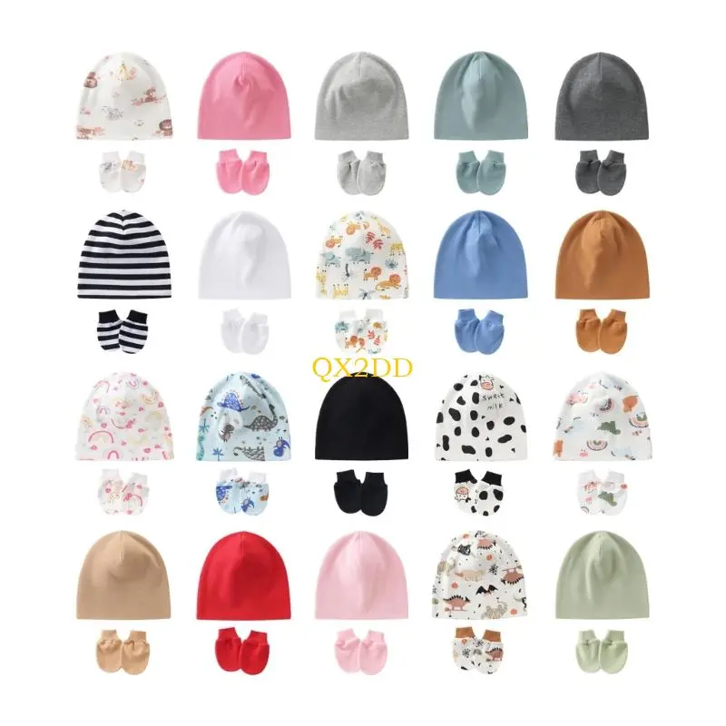 QX2D 2Pcs/set Baby Hat Newborns Headwear Hospital Hat Solid/Printed Pattern with Matching Anti-scratch Gloves for Daily