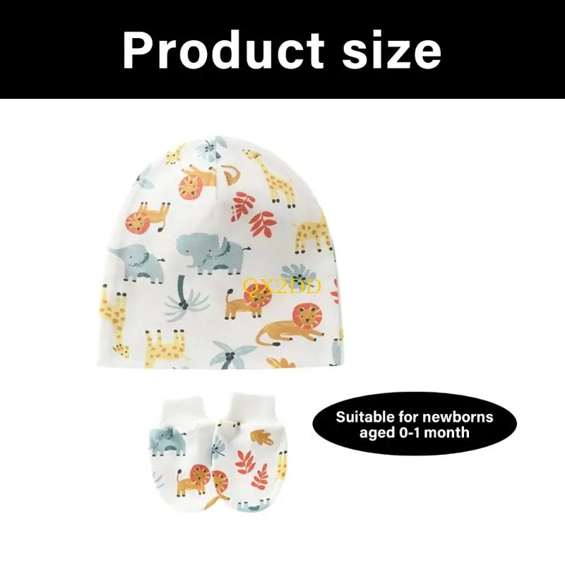 QX2D 2Pcs/set Baby Hat Newborns Headwear Hospital Hat Solid/Printed Pattern with Matching Anti-scratch Gloves for Daily