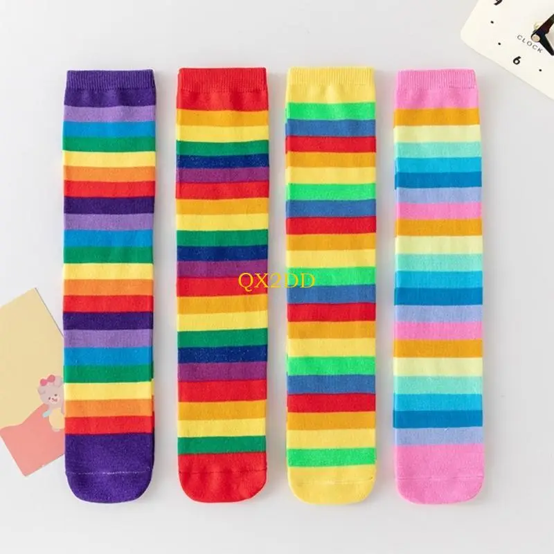 Under Knee High Socks for Children Comfortable Cotton Rainbow Socks 3-12T Girls