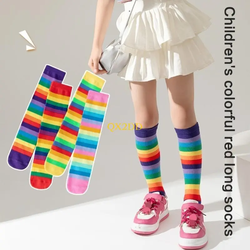Under Knee High Socks for Children Comfortable Cotton Rainbow Socks 3-12T Girls