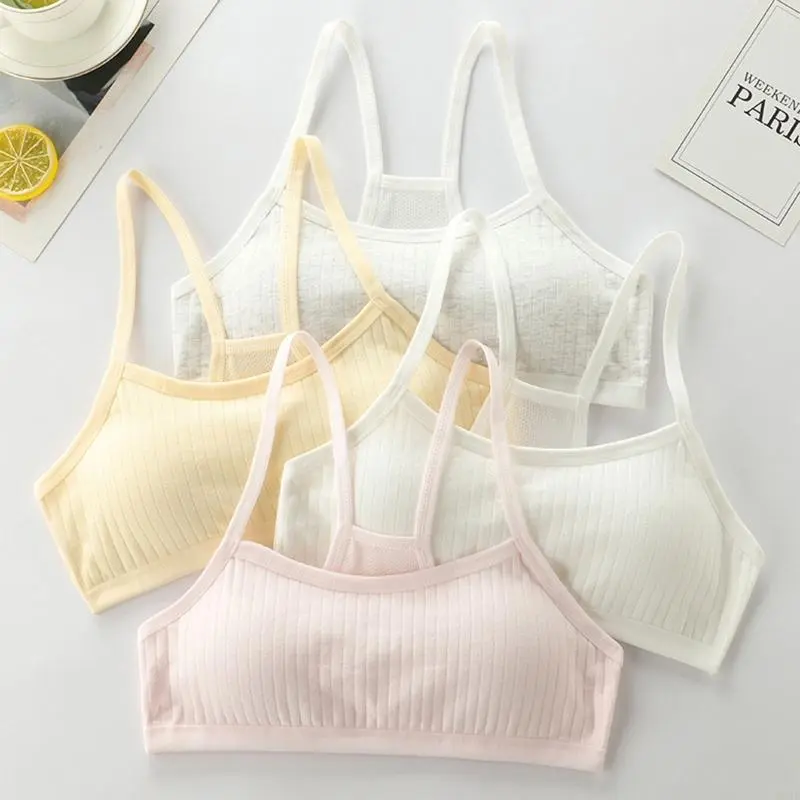 QX2D Teens Girls Cotton Training Bra with Removable Pad Racerback Ribbed Solid Color Bralette Mesh Back Vest Old