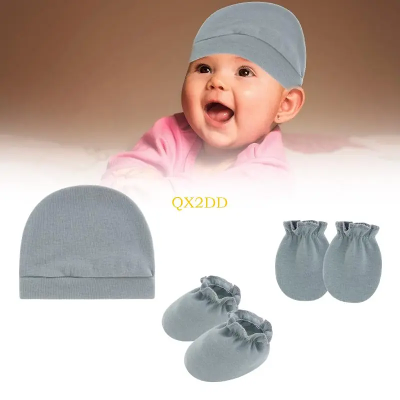 QX2D 3Pcs Infant Scratch Resistant Mittens Hat & Footie Set Breathable Cotton Gloves with Bonnet 0-6 Month Baby Essential