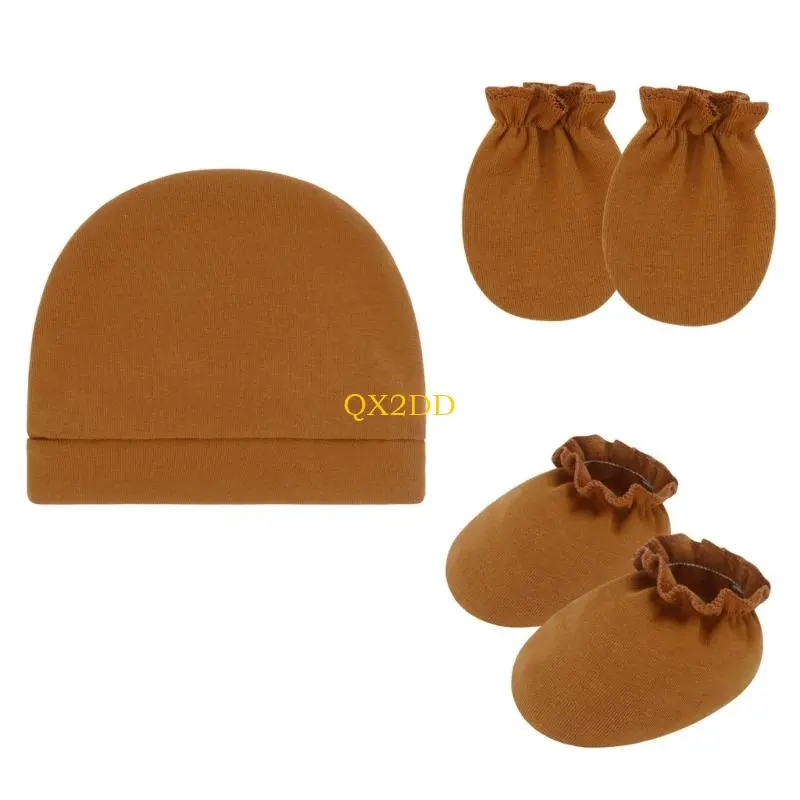 QX2D 3Pcs Infant Scratch Resistant Mittens Hat & Footie Set Breathable Cotton Gloves with Bonnet 0-6 Month Baby Essential
