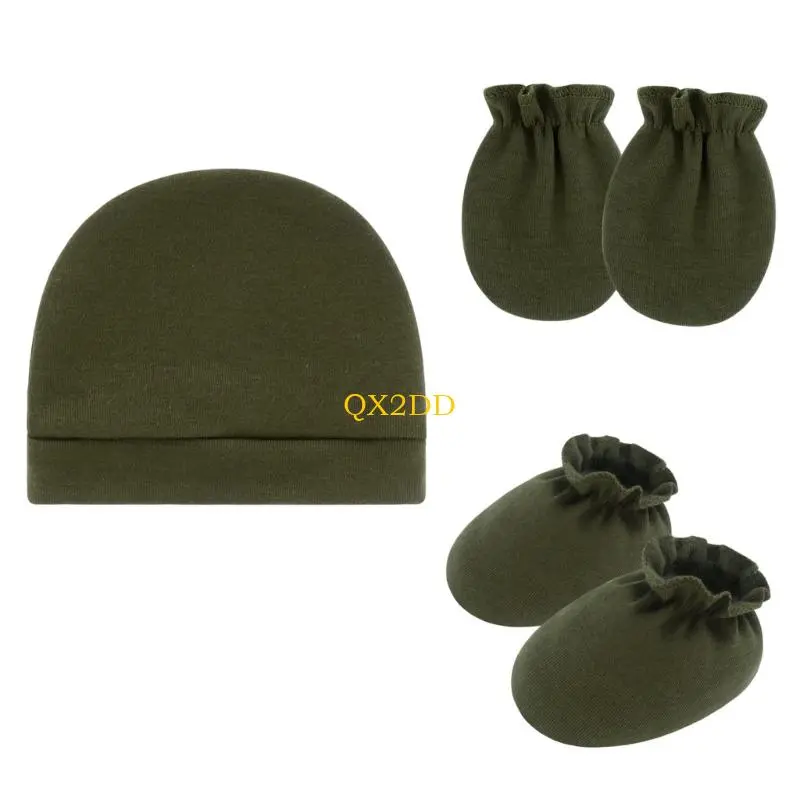 QX2D 3Pcs Infant Scratch Resistant Mittens Hat & Footie Set Breathable Cotton Gloves with Bonnet 0-6 Month Baby Essential