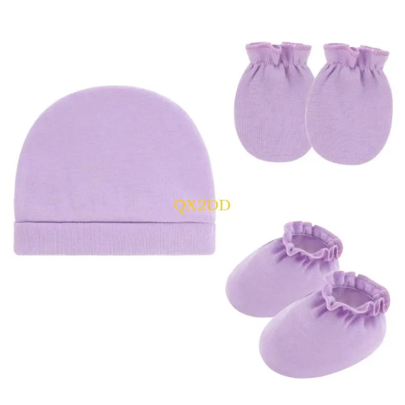 QX2D 3Pcs Infant Scratch Resistant Mittens Hat & Footie Set Breathable Cotton Gloves with Bonnet 0-6 Month Baby Essential