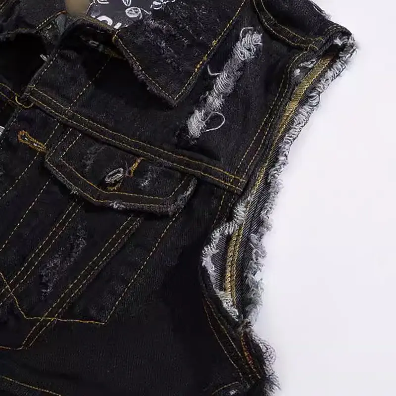Spring Summer Men's Denim Vest Fashion Retro Ripped Hole Party Jean Waistcoat For Men Hip Hop Black Sleeveless Jackets Clothing