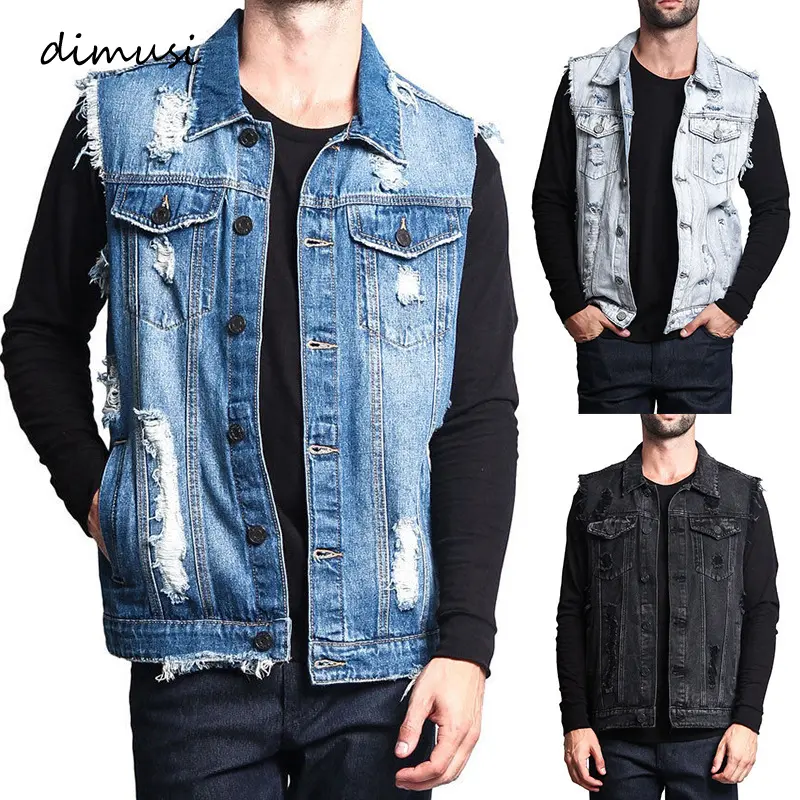 DIMUSI Summer Autumn Vintage Men's Denim Vest Male Design Retro Sleeveless Jackets Casual Ripped Hole Jean Waistcoats Clothing