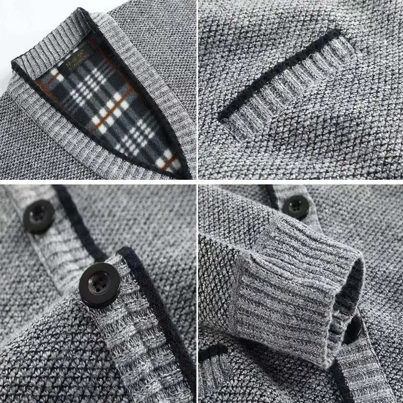 Winter Men's Sweater Cardigan Jackets Men Vintage Wool V-Neck Knitted Sweater Coats Men Fleece Lined Warm Cardigan Clothing