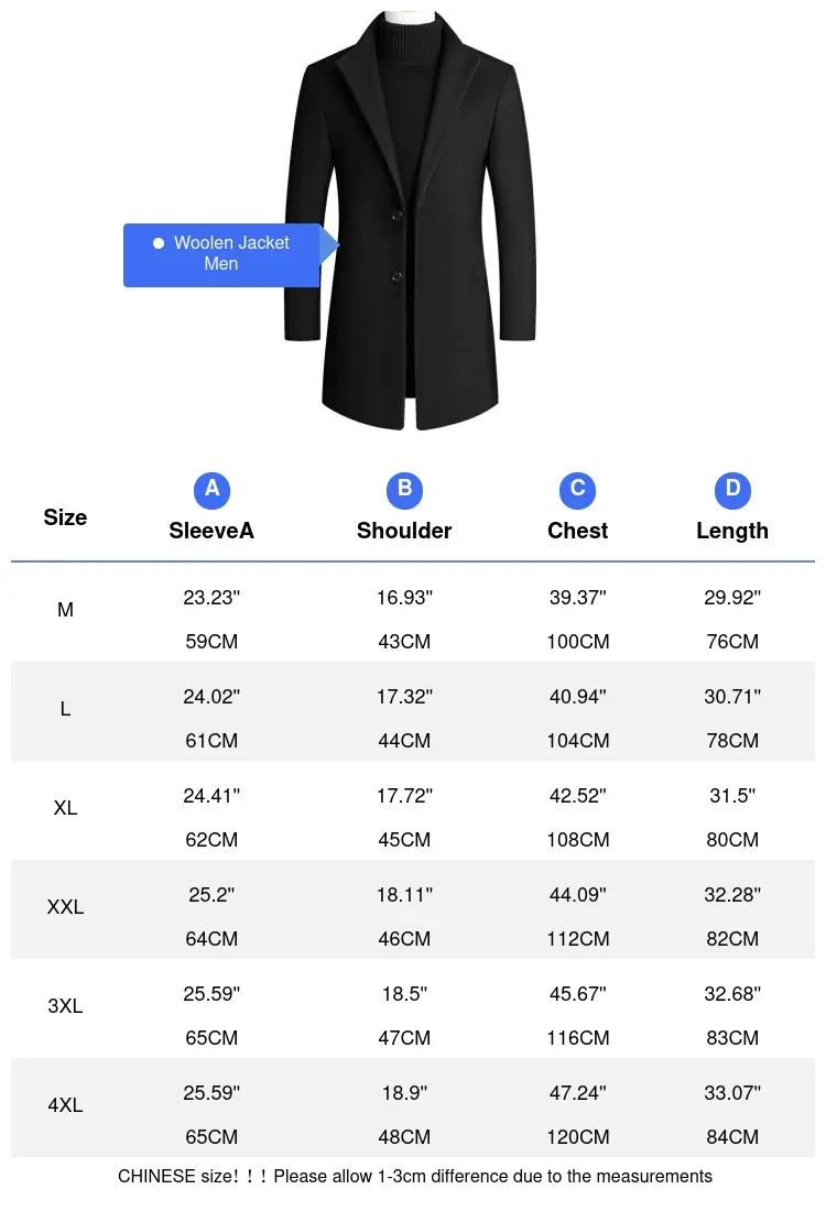 Autumn Winter Men's Wool Jackets Mens Long Windbreaker Trench Coats Man Solid Color Turn-Down Collar Business Jackets Clothing
