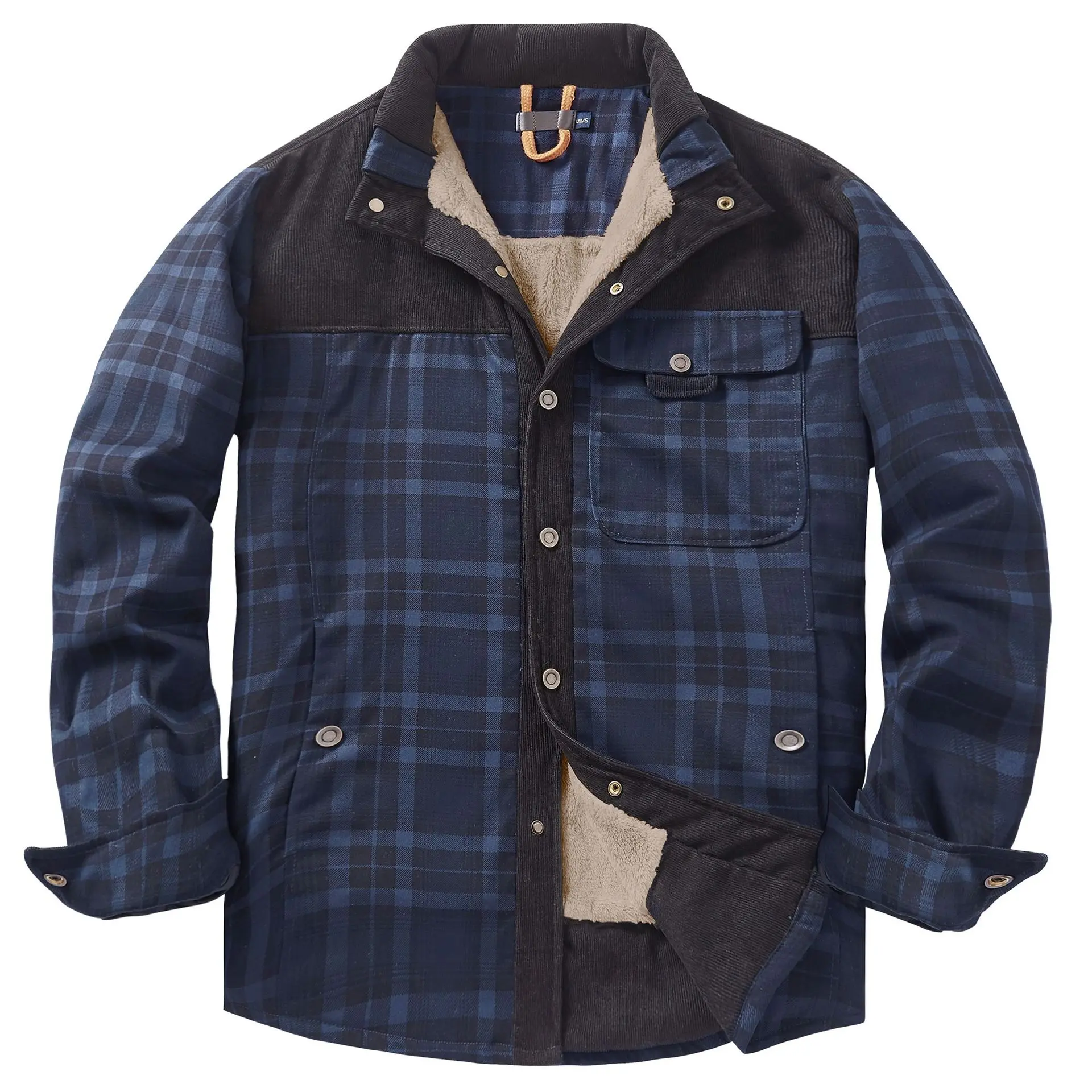 Autumn Winter Mens Warm Plaid Shirt Jacket Casual Men Retro Cotton Windbreaker Coats Men Stand Collar Fleece Shirts Jackets