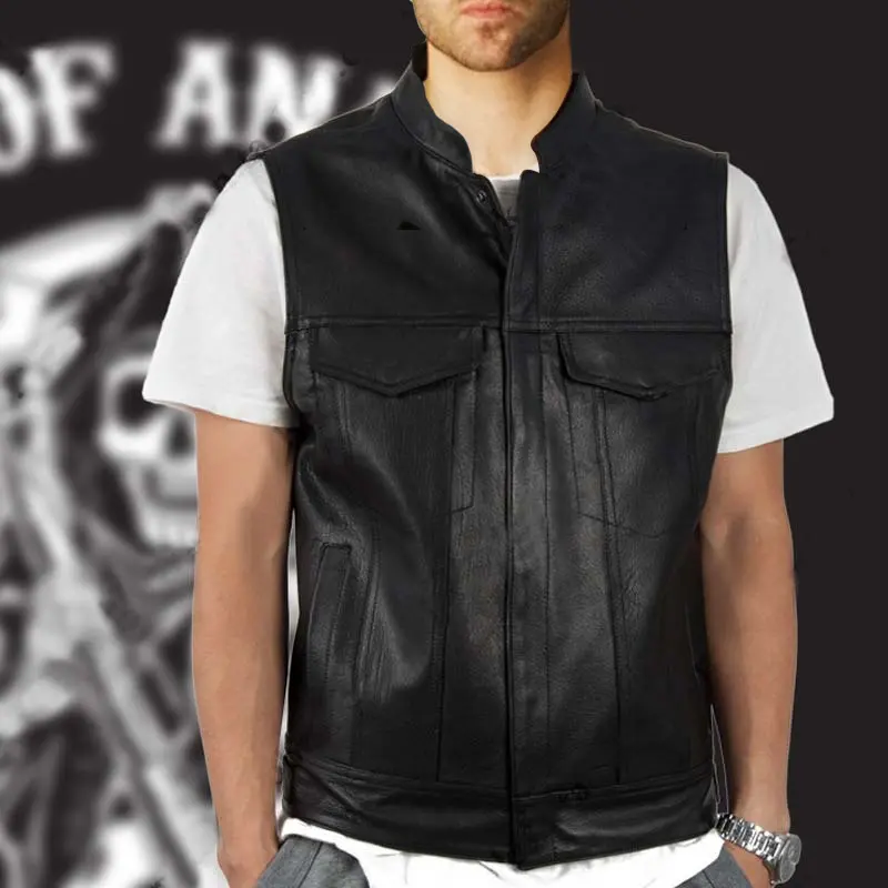 Autumn Winter Men's Faux Leather Waistcoat Classical Men Stand Collar Motorcycle Biker Leather Vest Stylish Clothing
