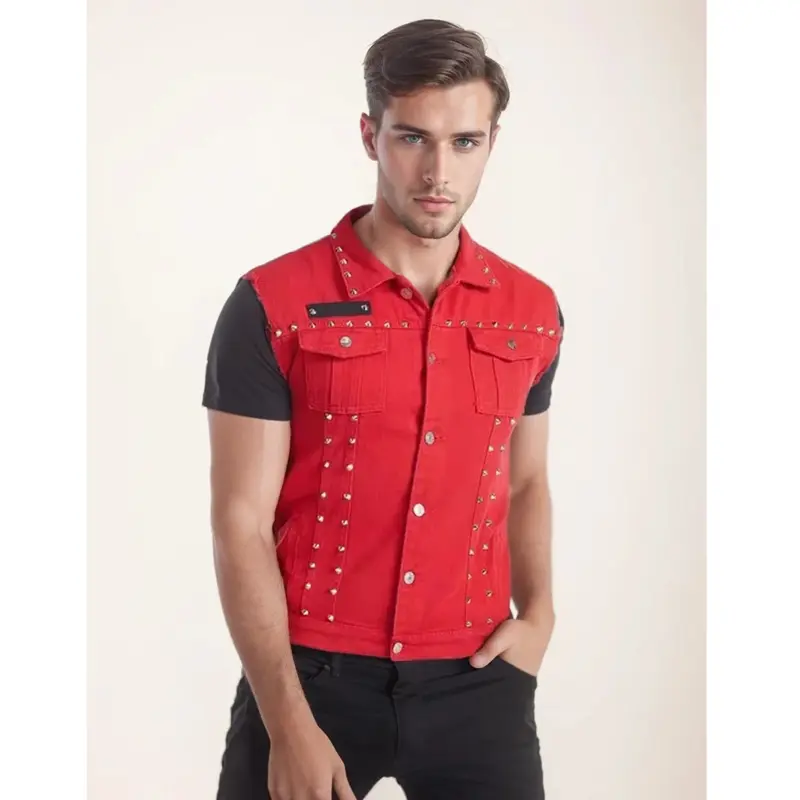 DIMUSI Autumn Mens Vest Vintage Denim Jeans Vest Male Red Rivet Sleeveless Jackets Men Retro Hole Jeans Waistcoats Clothing 5XL