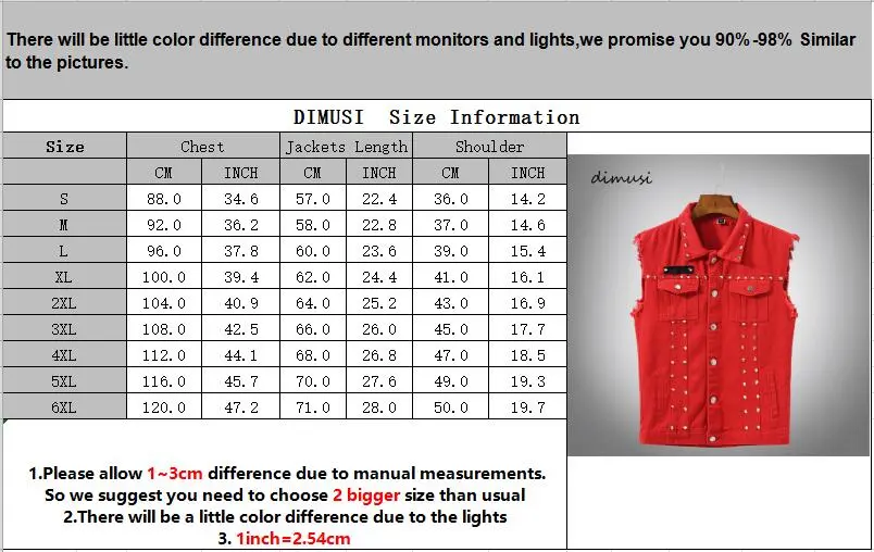 DIMUSI Autumn Mens Vest Vintage Denim Jeans Vest Male Red Rivet Sleeveless Jackets Men Retro Hole Jeans Waistcoats Clothing 5XL