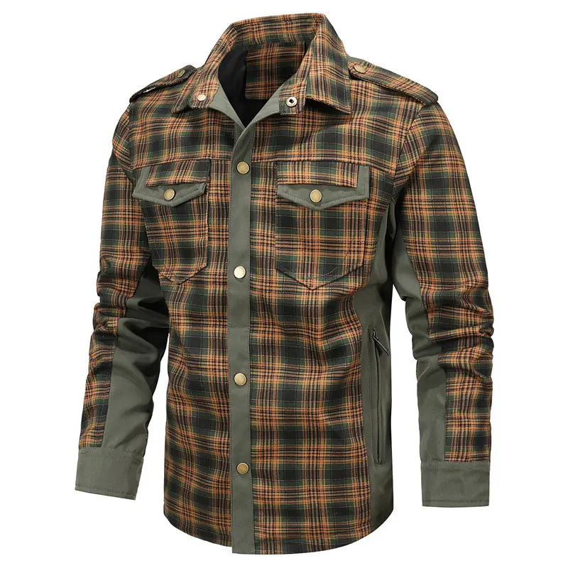 Spring Autumn Men's Plaid Shirts Men Retro Cotton Long Sleeve Shirt Coats Mens Turn-Down Collar Windbreaker Shirts Clothing
