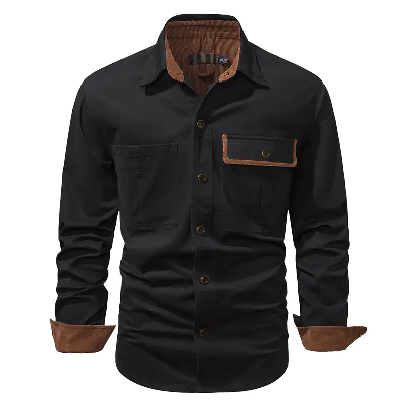 Spring Autumn Men's Corduroy Shirts Men Retro Wash Cotton Workwear Shirt Men Solid Color Long Sleeve Turn-Down Collar Shirts 2XL