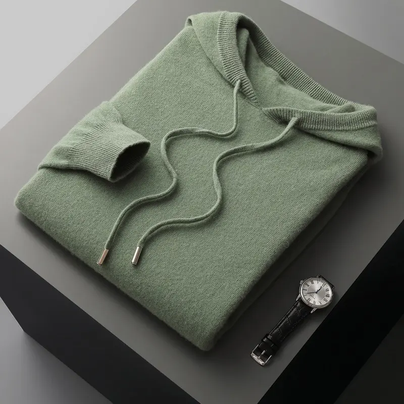 Autumn Winter Men's Merino Sweater Fashion Female 100% Wool Hooded Collar Knitted Pullover Men Casual long Sleeved Hooded Coats